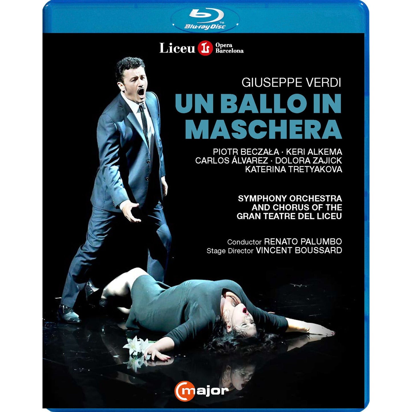 Blu-ray cover for Verdi’s “Un Ballo In Maschera” opera, featuring a dramatic scene.