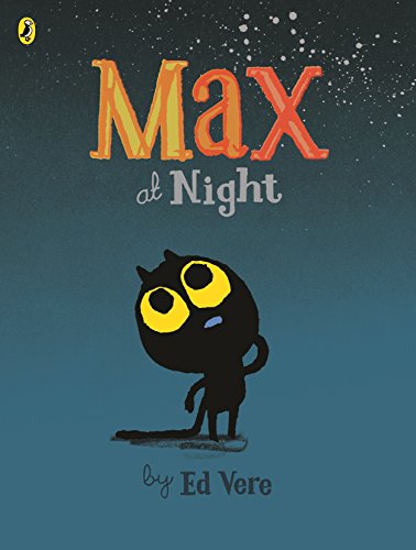 "Children's book cover featuring a cartoon cat with large eyes under a starry night sky."