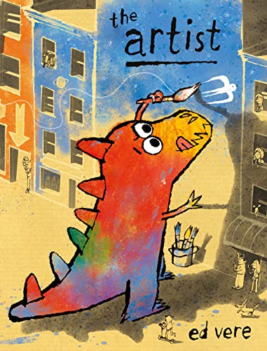 Red dinosaur painting on a city street, book cover illustration.