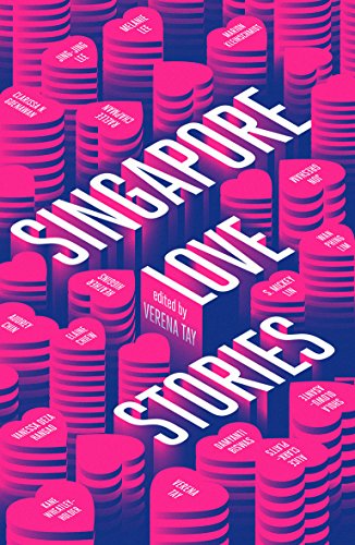 Book cover for "Singapore Love Stories" with stacked pink cylinders.