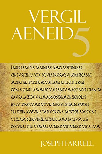 Book cover: "Aeneid 5" by Virgil, with gold text on a parchment background.