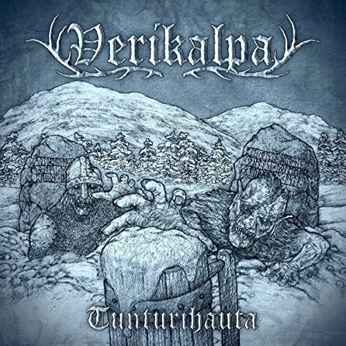 Dark, detailed illustration of figures and mountains, album cover for Verikalpa.