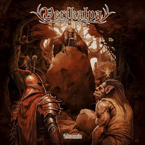 Album cover for "Tuomio" by Verikalpa, featuring fantasy art of figures and trees.