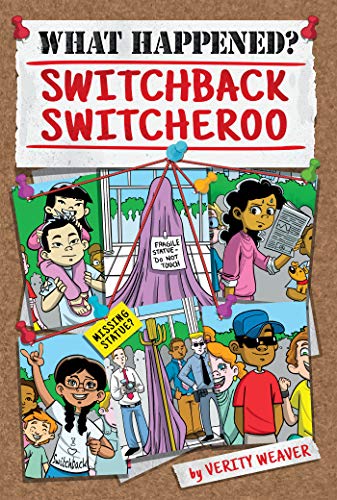 Book cover: “Switchback Switcheroo” depicts children investigating a missing statue.