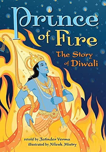 Blue-skinned Rama with bow, surrounded by orange and yellow flames.