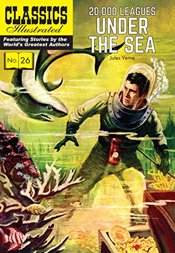 Comic cover showing a diver in a helmet facing a large shark underwater.