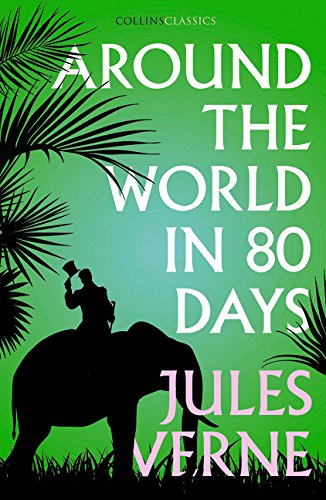 Book cover: "Around the World in 80 Days" with elephant silhouette.