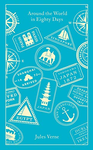 Blue book cover with travel stamps and a compass design, “Around the World.”