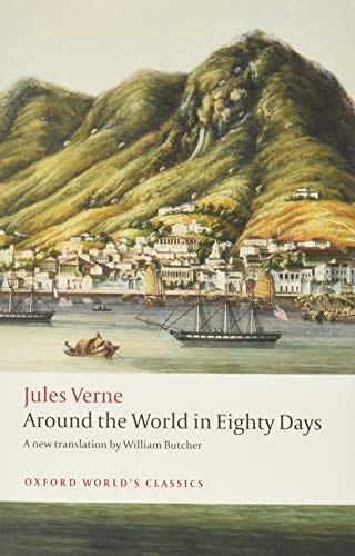 Book cover: “Around the World in Eighty Days” with a coastal scene.