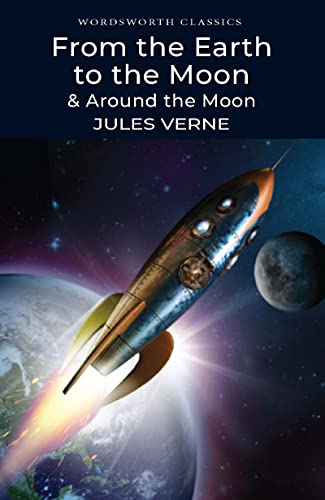 Book cover: "From the Earth to the Moon" with a rocket illustration.