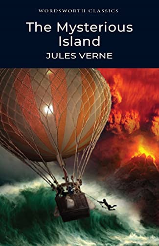 Book cover: "The Mysterious Island" with hot air balloon and volcano.