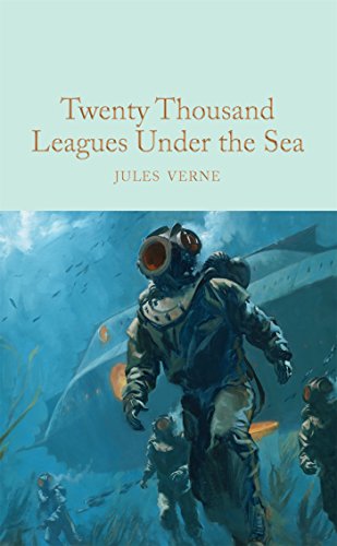 Book cover: “Twenty Thousand Leagues Under the Sea” with a diver illustration.