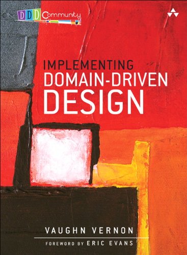 Book cover: "Implementing Domain-Driven Design" by Vaughn Vernon, red and black abstract art.
