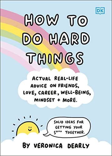 Book cover: "How To Do Hard Things" with rainbow and sun illustration.
