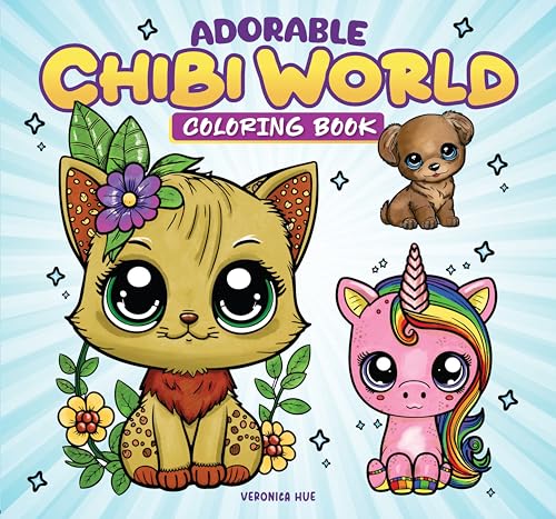 Coloring book cover with large-eyed chibi-style cat, dog, and unicorn.