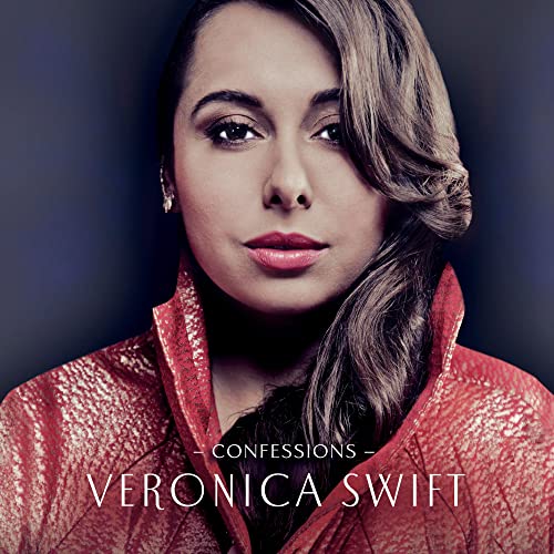 Veronica Swift's "Confessions" CD cover featuring a close-up portrait of the singer.