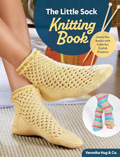 Book cover showing a person wearing yellow lacy knit socks with knitting needles.