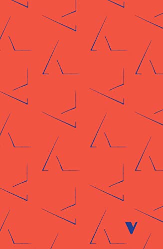 Red notebook cover with repeating blue angled lines and a lowercase "v".
