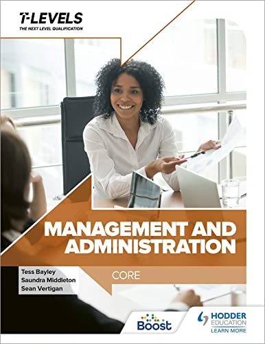Textbook cover for Management and Administration T Level Core featuring a woman in an office.