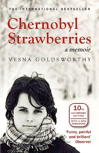 Book cover: "Chernobyl Strawberries" memoir with author portrait and winter background.