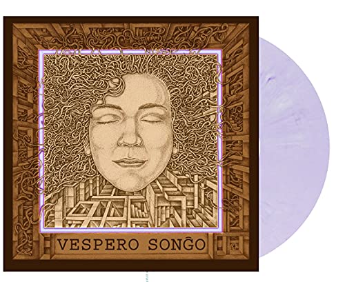 Violet vinyl record with cover art of a person’s face in gold tones.