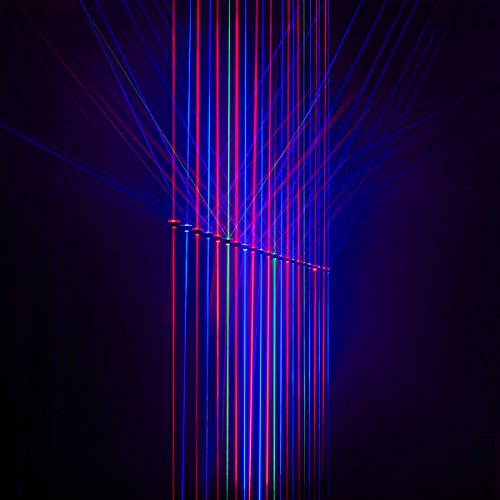 The alt text for the image is: "Vinyl record cover with blue and red laser beams on a black background."