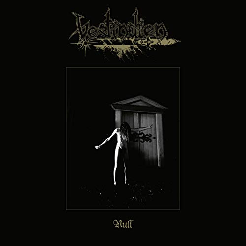 Black and white album cover with a figure before an outhouse.