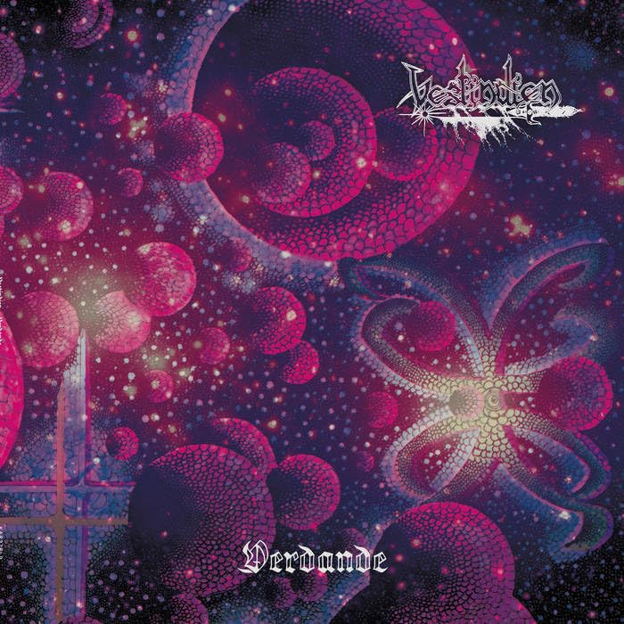 Vinyl record cover with swirling pink and purple cosmic imagery.
