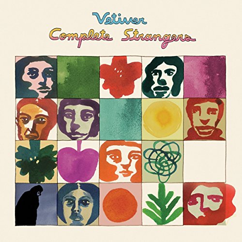 Album cover for Vetiver’s “Complete Strangers” featuring colorful, painted portraits and objects.