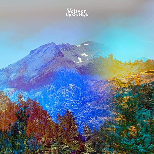 Album cover for "Vetiver - Up On High" featuring a mountain landscape with trees and cloudy sky.