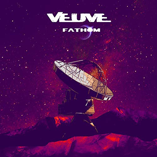 Album cover with a satellite dish on a starry purple background with red mountains.
