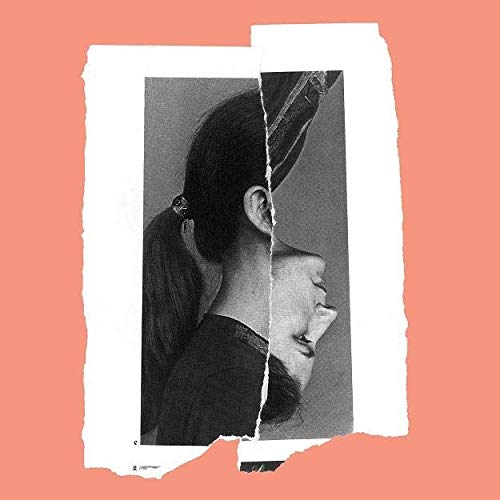 A torn black and white photograph of a woman's profile on a peach background.
