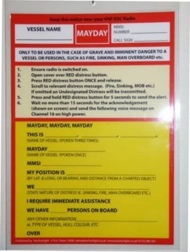 VHF DSC Mayday procedure card with instructions and a template for emergency radio calls.