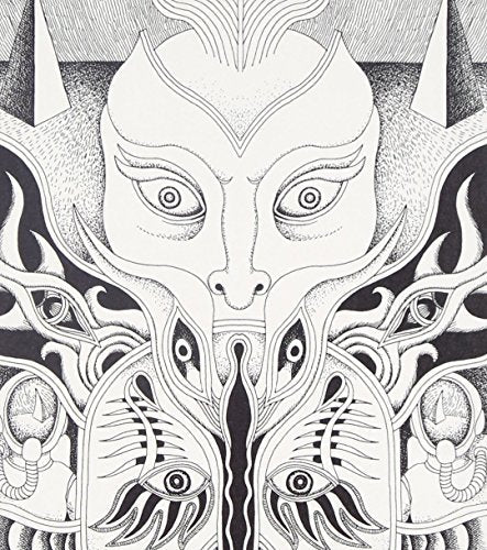 Black and white illustration of a symmetrical, stylized face with eyes.