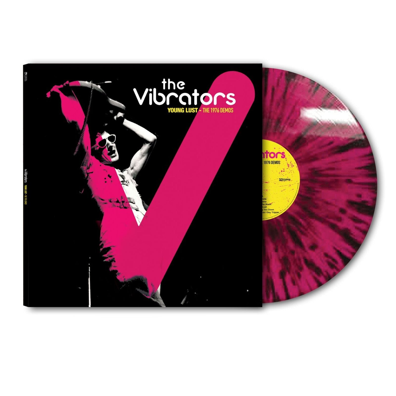 Vinyl record of The Vibrators’ “Young Lust – The 1976 Demos” with pink splatter.