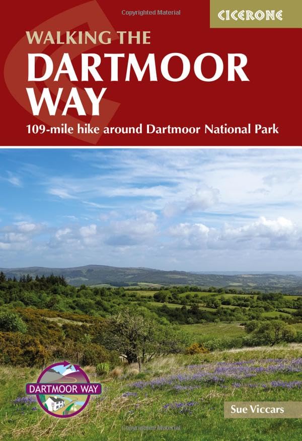 Book cover for “Walking the Dartmoor Way” with a landscape view.