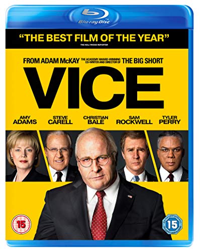 "Blu-ray case for the film 'Vice' featuring a collage of main characters."