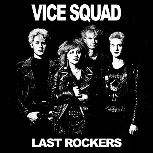 Black and white photo of Vice Squad, a punk rock band, in leather jackets.