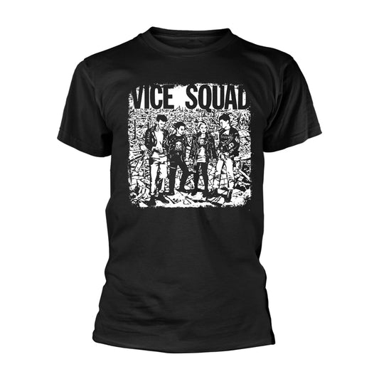 Black t-shirt with a white graphic of the band Vice Squad.