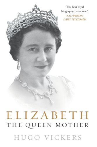 Black and white portrait of the Queen Mother wearing a tiara and necklace.