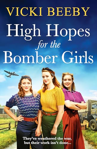 Three women in 1940s attire stand before a military truck and a flying airplane.