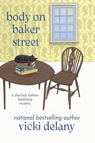 Book cover: cat on books, chair, window, yellow patterned wall.