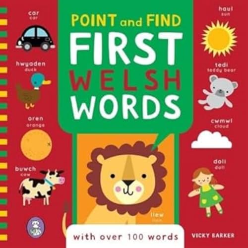 Book cover with a lion and various illustrated objects with Welsh and English labels.