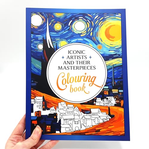 Coloring book cover featuring Van Gogh’s “Starry Night” and a village scene.