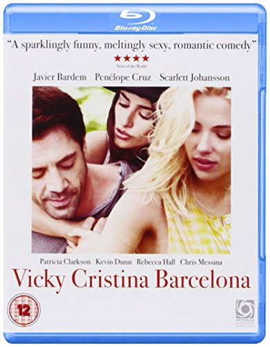 Blu-ray cover art for Vicky Cristina Barcelona featuring Javier Bardem, Penélope Cruz, and Scarlett Johansson.