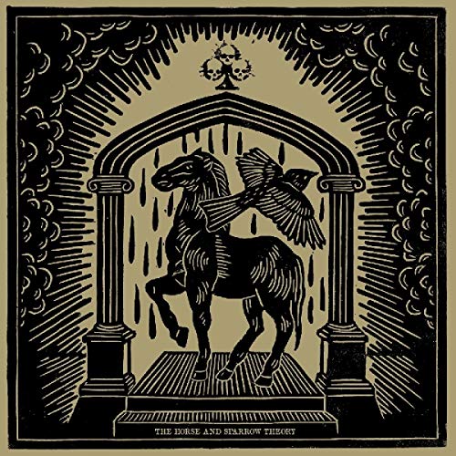 "Black and gold album cover with horse and bird illustration under an archway."