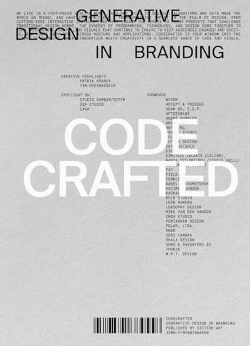 Book cover: "CodeCrafted: Generative Design in Branding" with white text on gray.