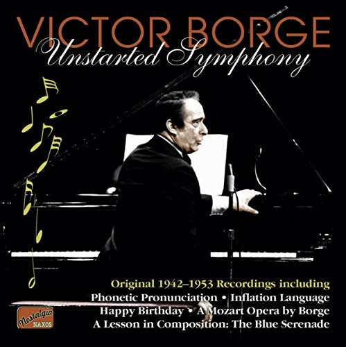 Victor Borge CD cover featuring a man playing piano, with musical notes and text.