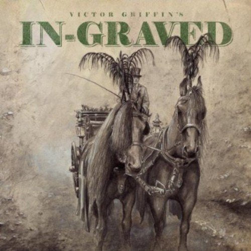 "Album cover art featuring a man driving a horse-drawn hearse with feathered horses."