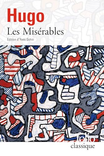 Book cover of Les Misérables by Hugo with abstract red, white, and blue patterns.